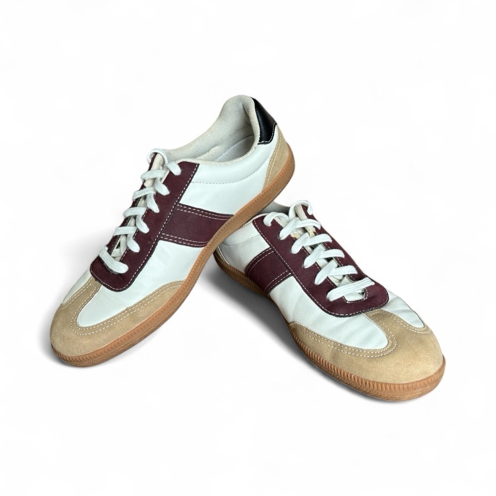 J Crew Field Sneakers Leather suede White and burgundy color women’s size 7 - Picture 2 of 7